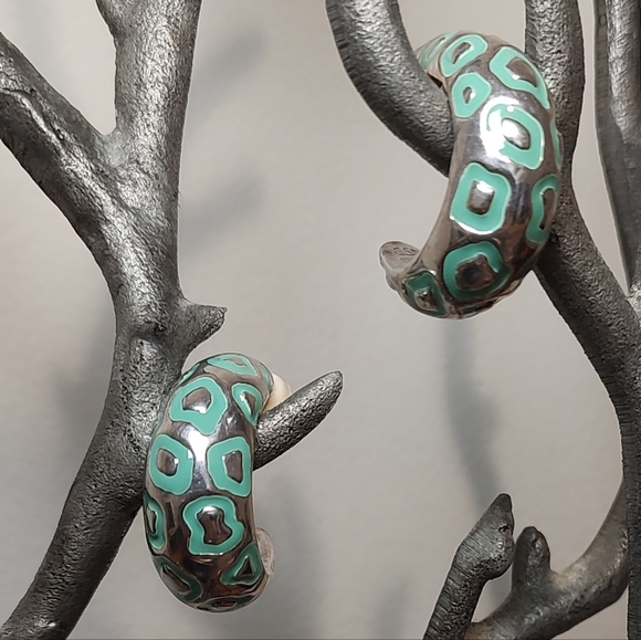 Simon Sebbag Design SSD Clip On Silver Animal Print Hoop Earrings, Turquoise - Picture 1 of 8